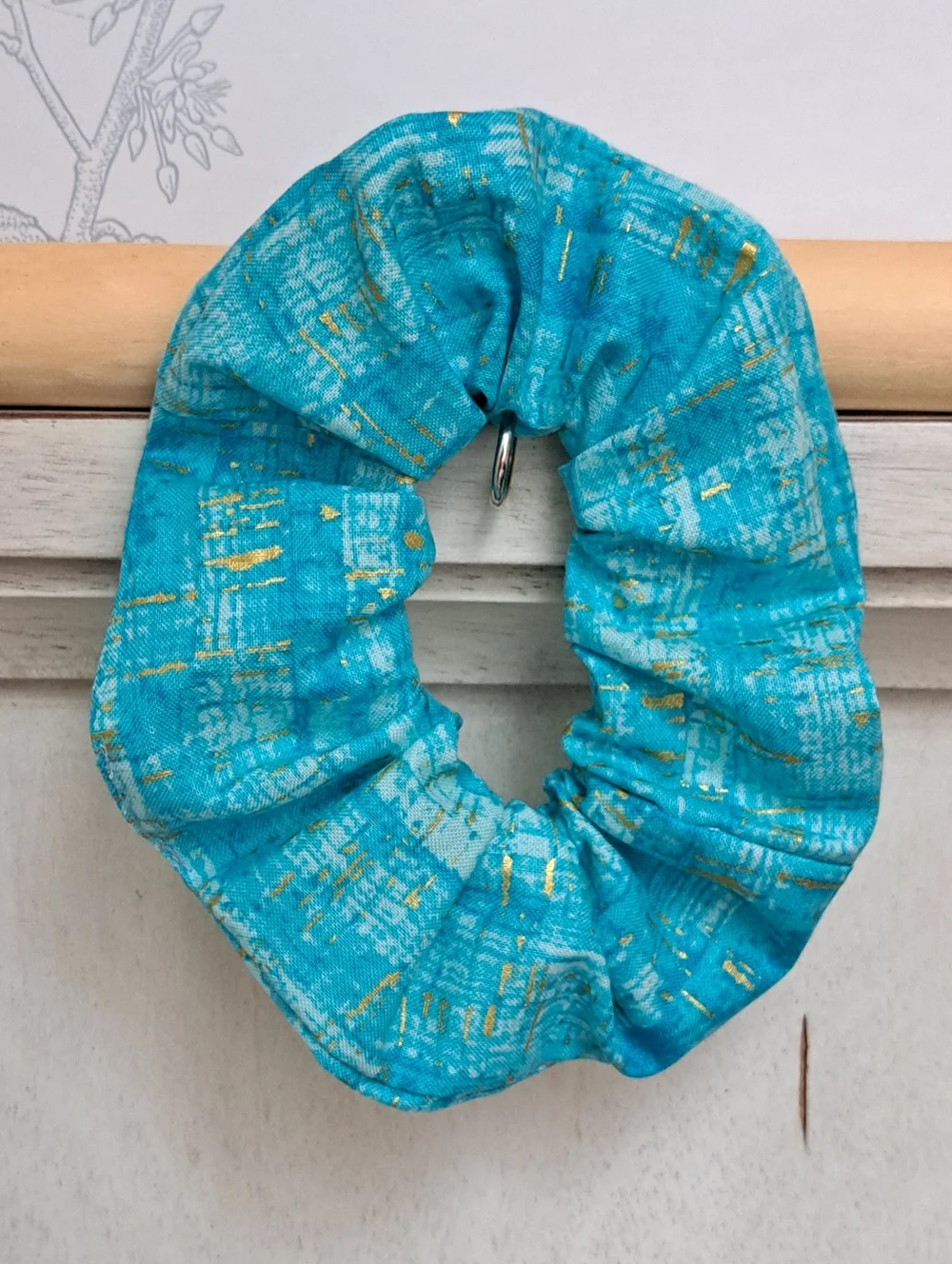 Turquoise Blue Gold-Accent Scrunchie Hair Accessory Cotton Hair Tie